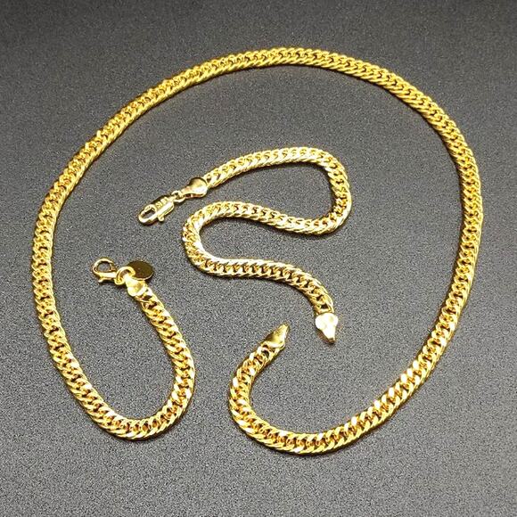18k Gold Plated Necklace Bracelet Set Double Cuban Anniversary Birthday Gift - Picture 4 of 6